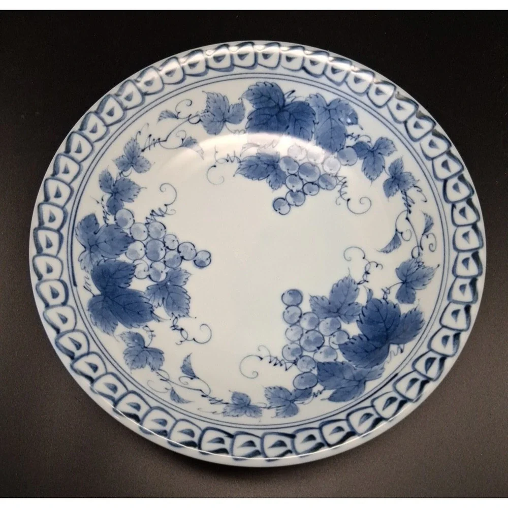 Vintage Blue and White Porcelain Bowl with Grape Design